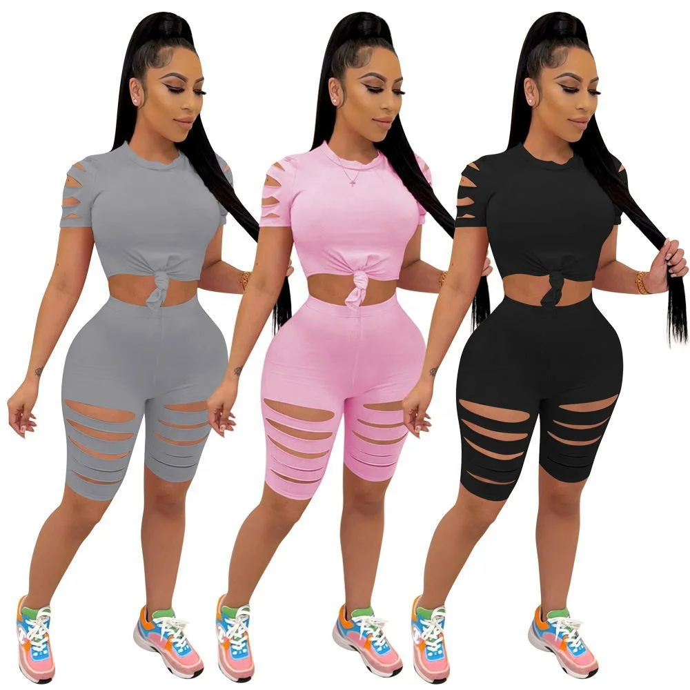 

MT72-8684 European and American women's clothing spring and summer new solid color navel-burning shorts two-piece set