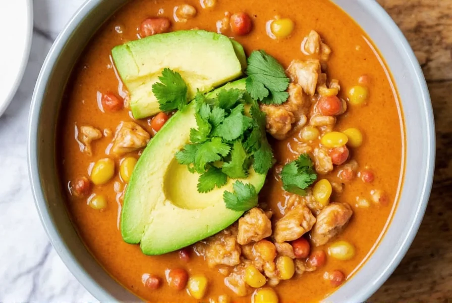 Finished bowl of creamy instant pot chicken chili topped with avocado and cilantro