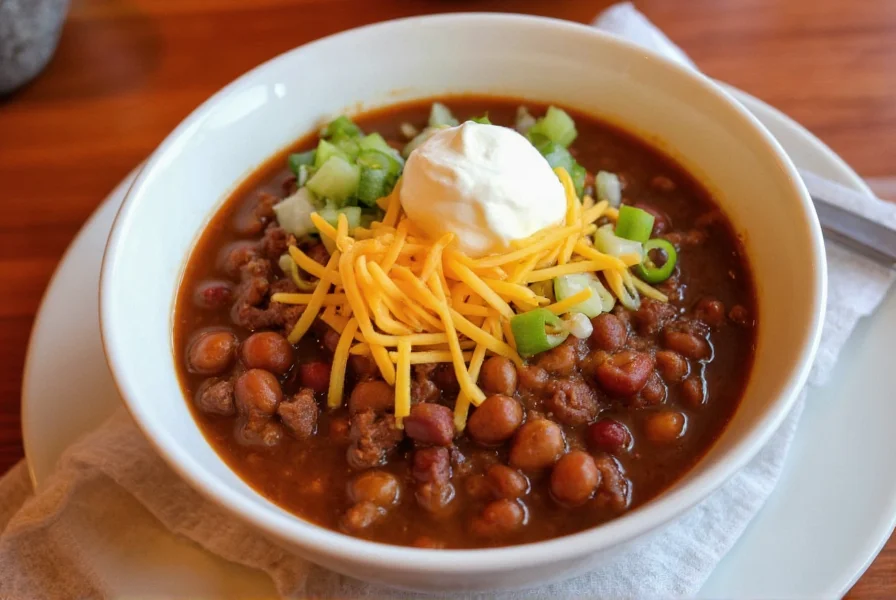 Beef and bean chili served in bowl with traditional toppings including shredded cheese, sour cream, and chopped onions