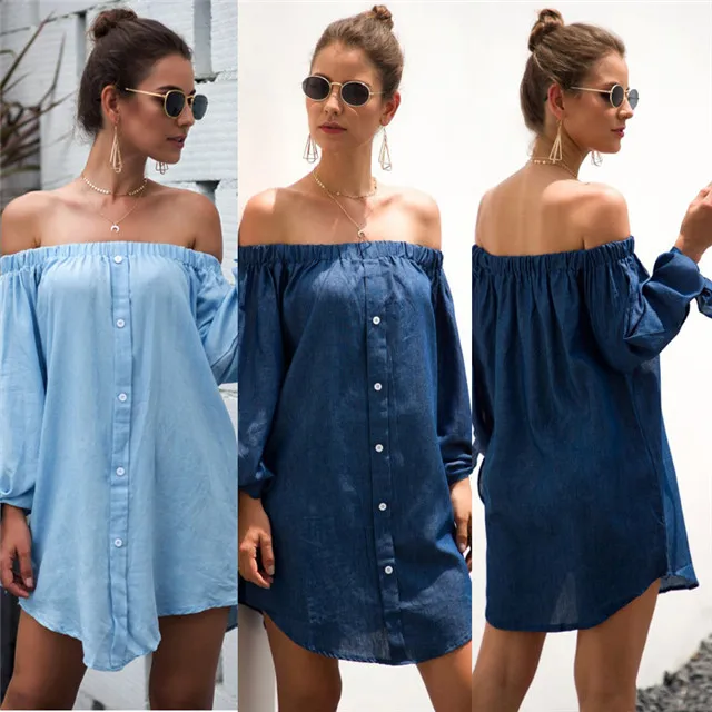 

2021 Spring New Hot Sale Strapless Button Long-sleeved Shirt Dress, Picture color