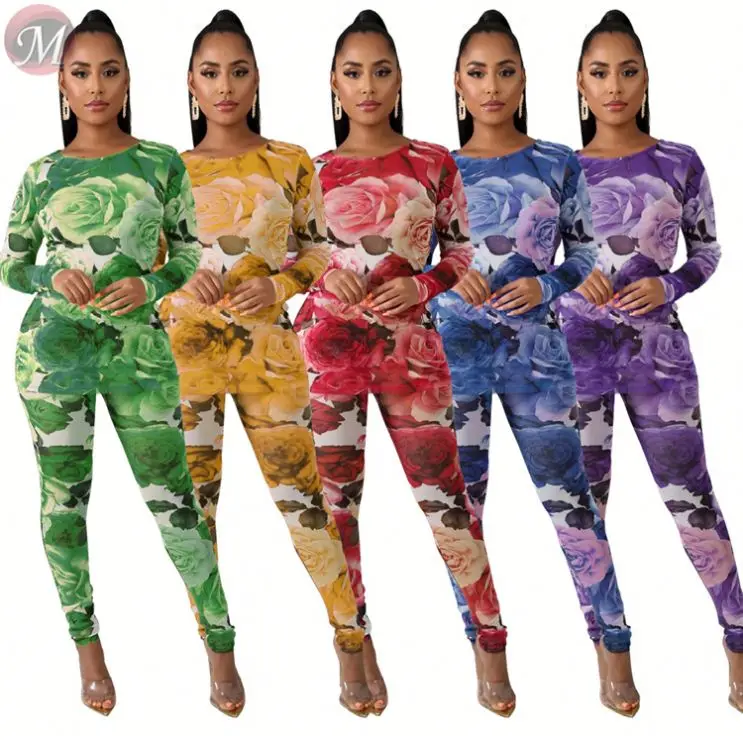 9111226 new style mesh fabric flower print skinny Pants Suit Set Women Clothing Fashion Two Piece womens summer 2 piece set