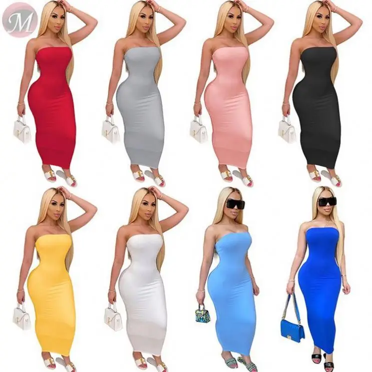 

0061118 Fashion Casual Simple Basic Strapless Sexy Dresses Summer Women Tube Stretch Maxi Solid Color Bandage Dresses