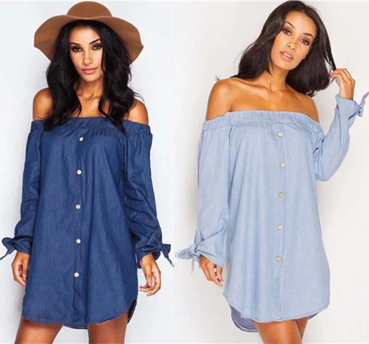 

Women Bow Wide Collar With Button Long Sleeve Denim Color Loose Shirt Solid Color Blouse Dress