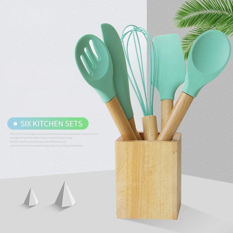 

Food Grade Silicone Cooking Tools Utensil Sets Non-Stick Silicone Wood Handle kitchen 6 sets