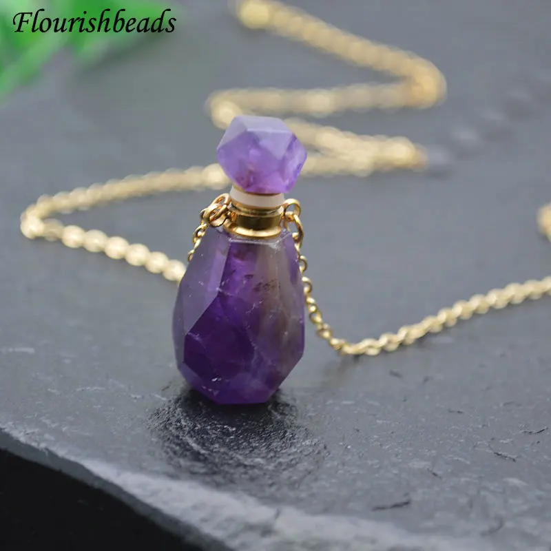 

New Natural Gemstones Faceted Aroma Diffuser Necklace Mini Perfume Bottle Pendant Open Essential Oil Diffuser Jewelry Gift