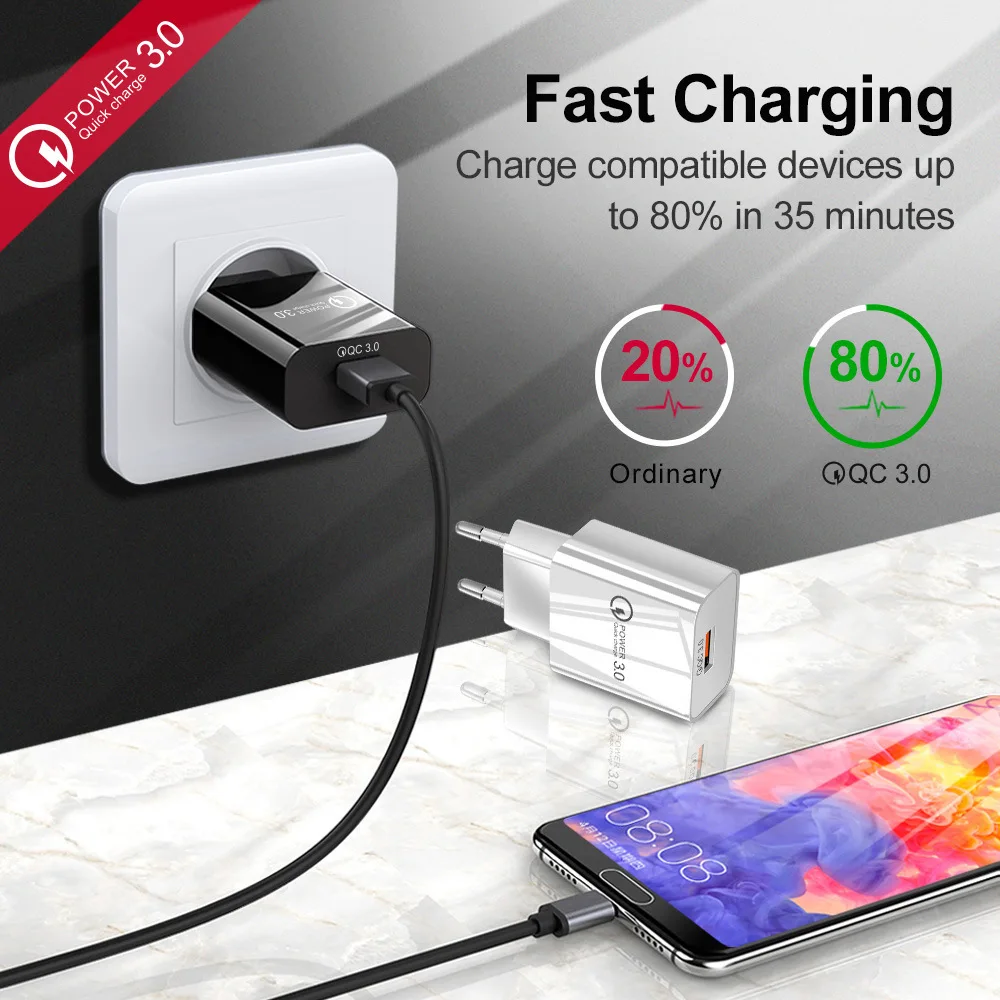 

simple design factory wholesale price 18W QC3.0 universal flat EU US plug wall travel charger phone accessories for Samsung