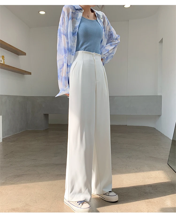 

QA192 Women Spring Autumn Solid Colour Good Drape Two-button Straight Pants Breathable Black Trousers