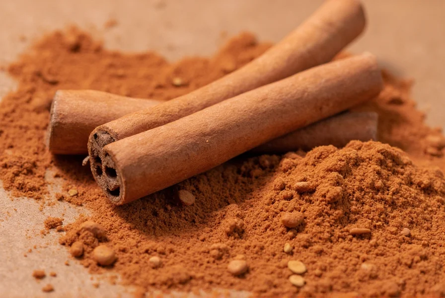 Close-up of cinnamon sticks and ground cinnamon showing their natural reddish-brown color