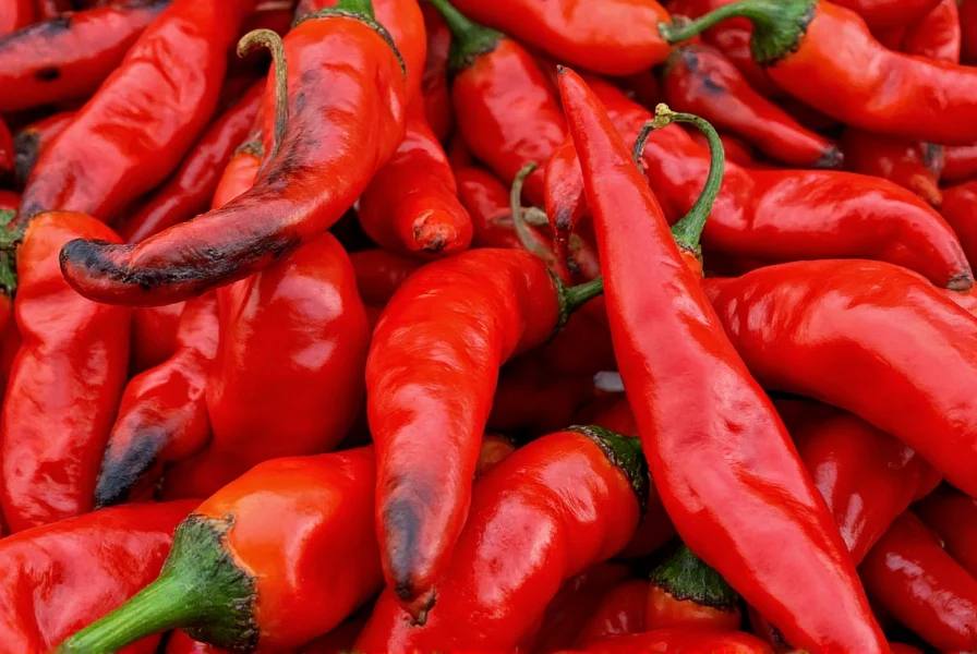 Close-up view of roasted piquillo peppers showing their distinctive triangular shape and vibrant red color