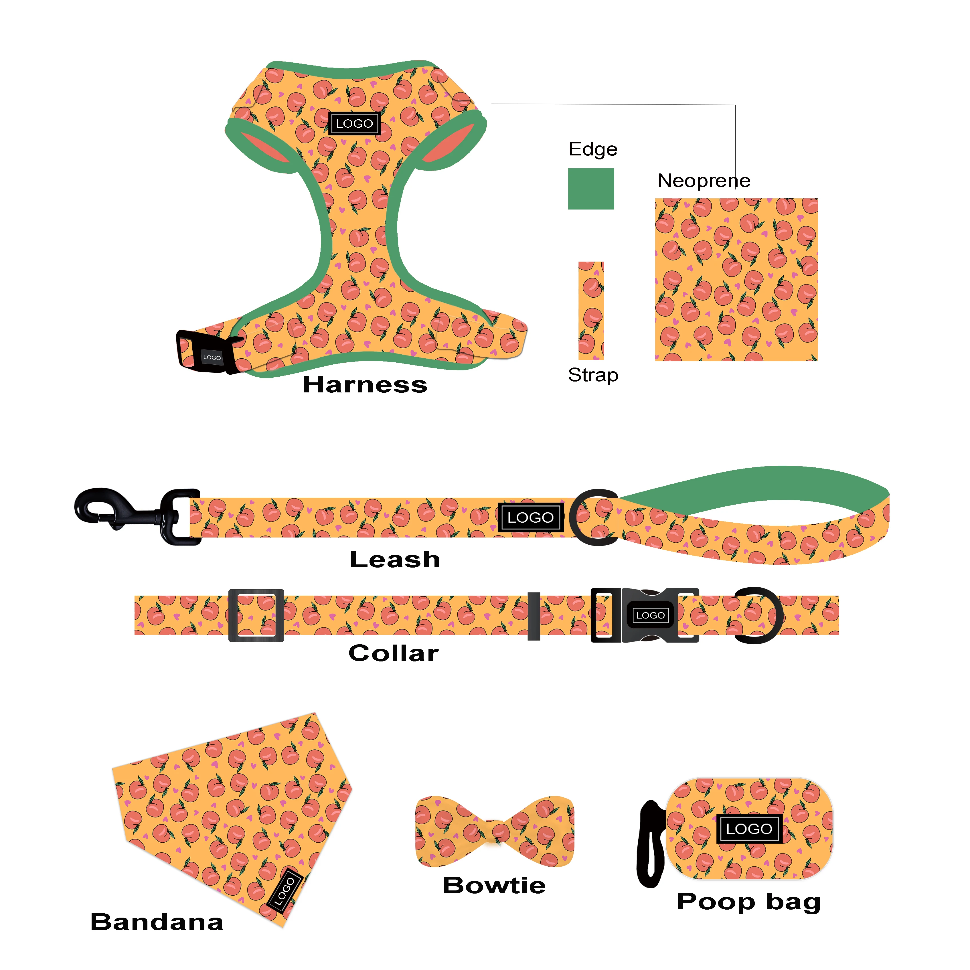 

Popular Custom Design Dog Harness Matching Collar Leash Bow Tie Bandana Set Neoprene Reversible Dog Harness Vest, Customized