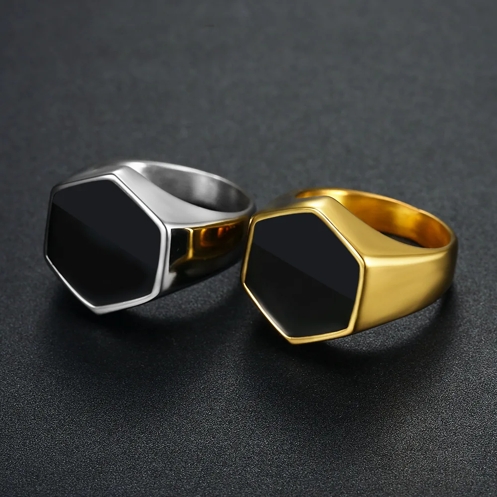 

Black Trending Titanium Stainless Steel Black Epoxy Signet Ring Irregular Hexagon Men's Pinky Ring for Men Gold, Gold, steel