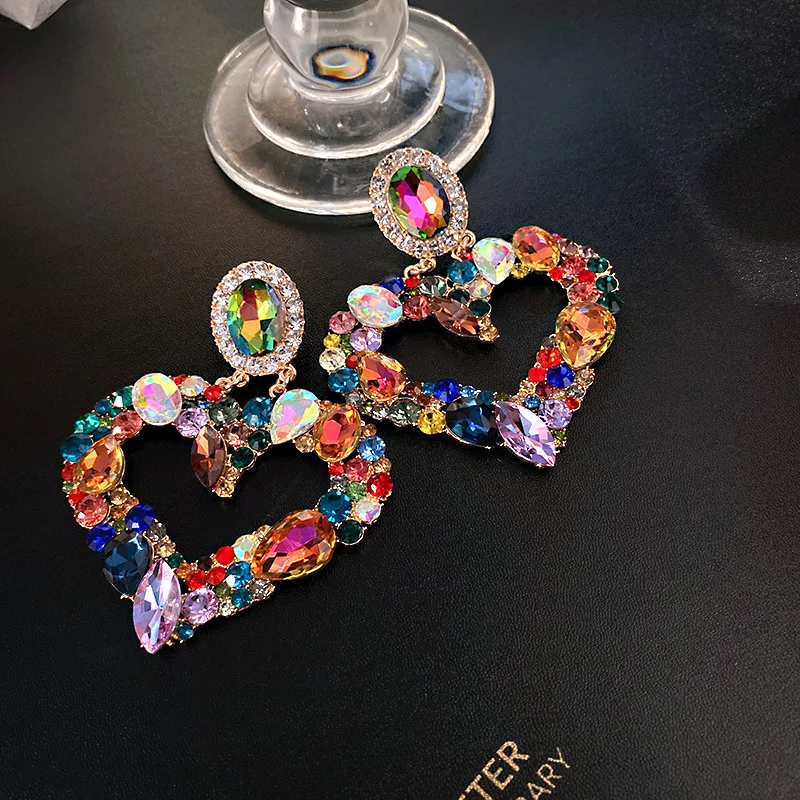 

HOVANCI Boutique Multicolor Glass Crystal Heart Pendant Women Dangle Earrings Jewelry Fashion girls Party Statement Earrings, Same as pictures show