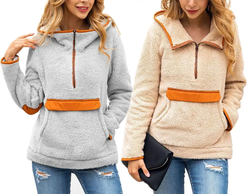 

New Design Autumn Winter Women Super Soft and Warm Half Zip Pockets Women Sherpa Jacket Polar Fleece Hoodie, As picture