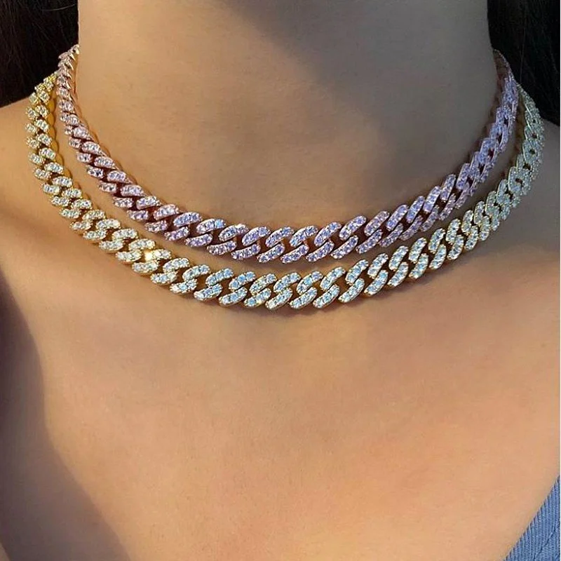 

Hiphop 12mm Gold Plated Cubic Zircon Crystal Choker Necklace Full Diamond Rhinestone Cuban Chain Necklace For Men Women