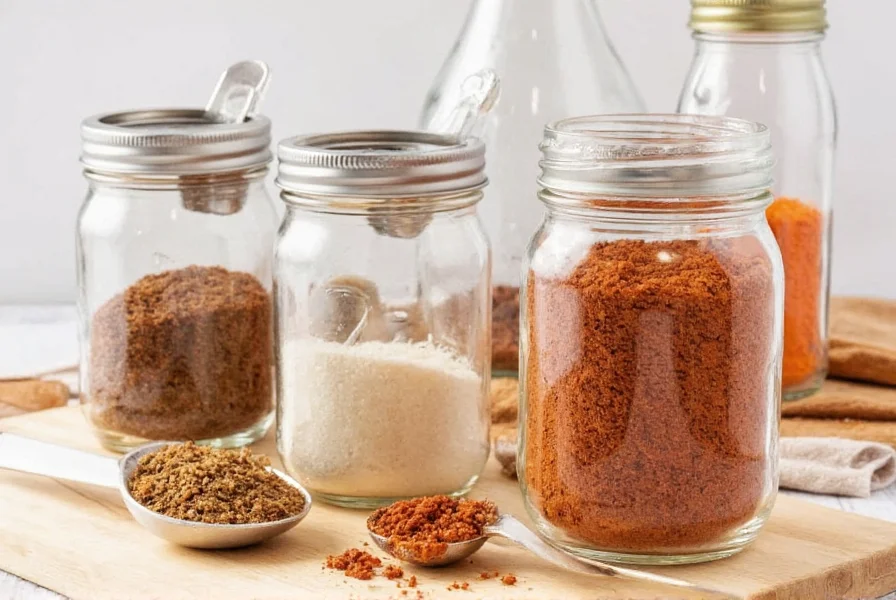 Close-up of homemade chili seasoning mix ingredients in glass jars with measuring spoons