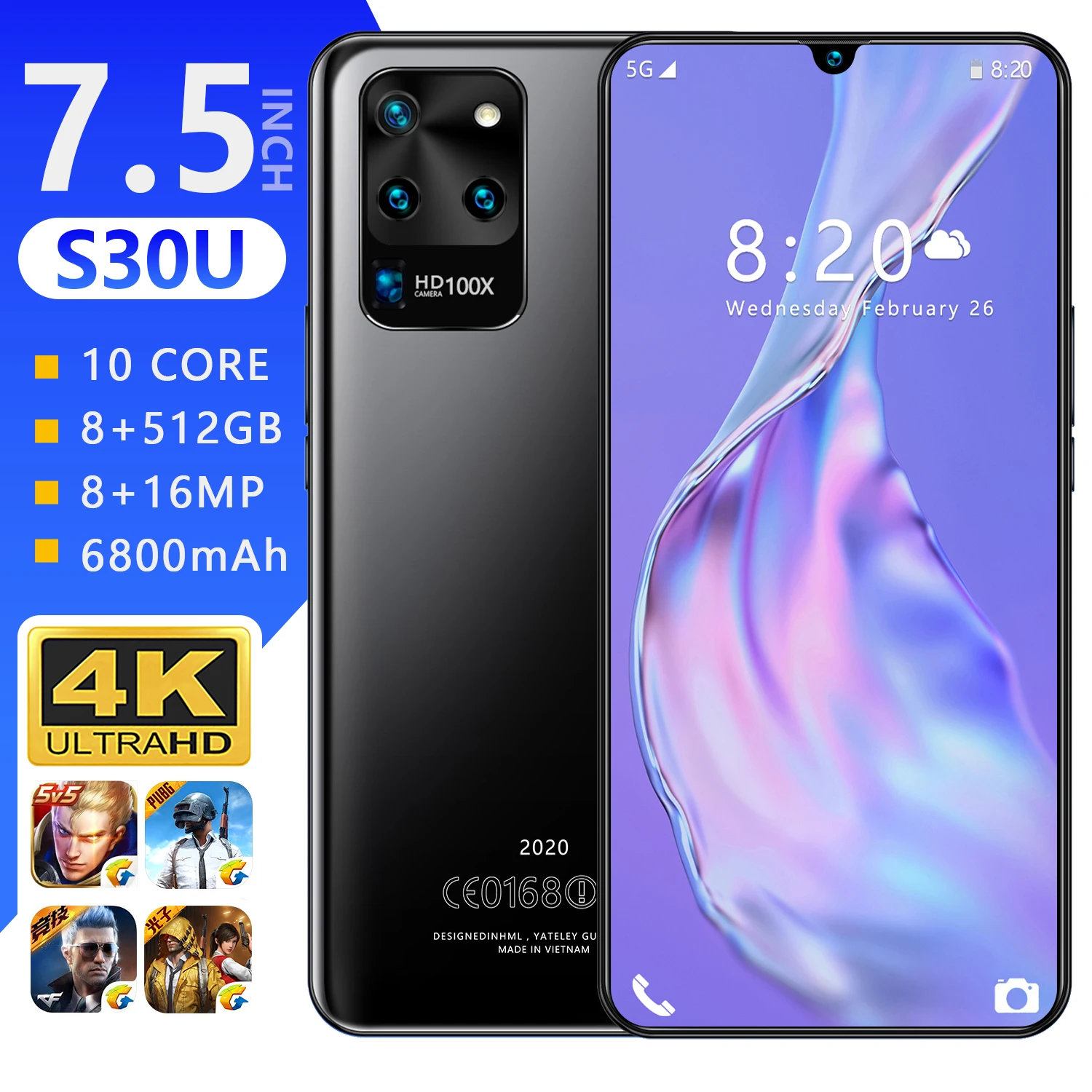 

New Big Screen 4G Android unlocked Smart Phone7.5 Inch 8GB+256GB Custom Mobile Phones S30U Smartphone, Blue ,black ,white