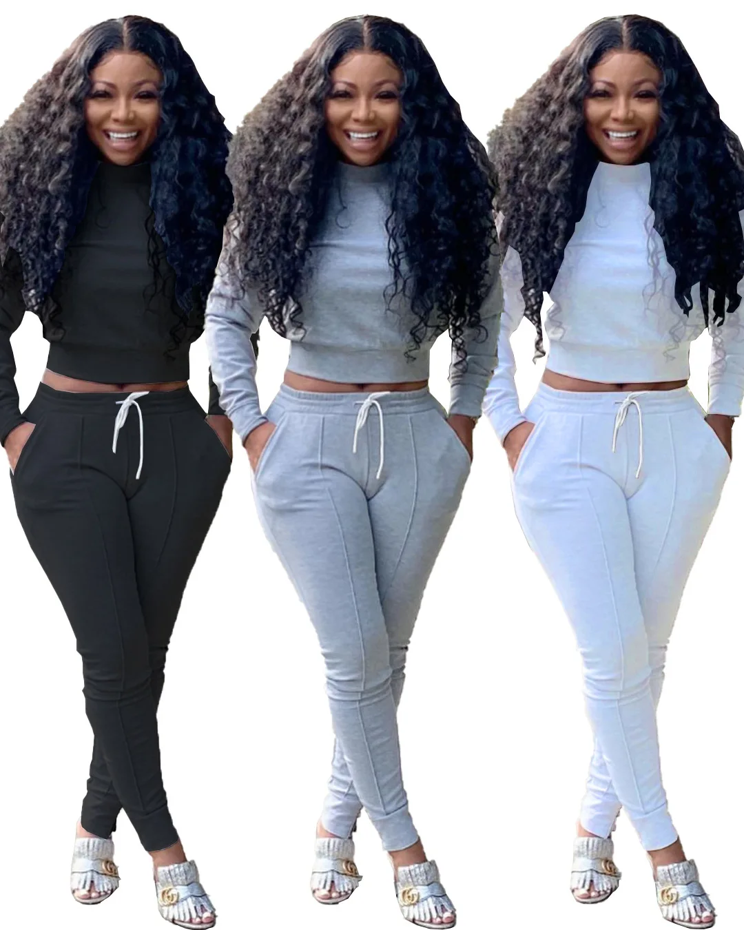 

European and American casual solid color sweater two-piece slim waist sweater suit ladies leisure sports sweater suit