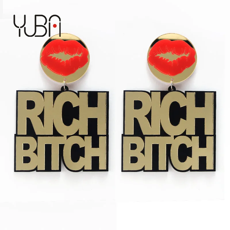 

Hesiod Gold mirror red lips RICH BITCH letters big statement hoop earrings