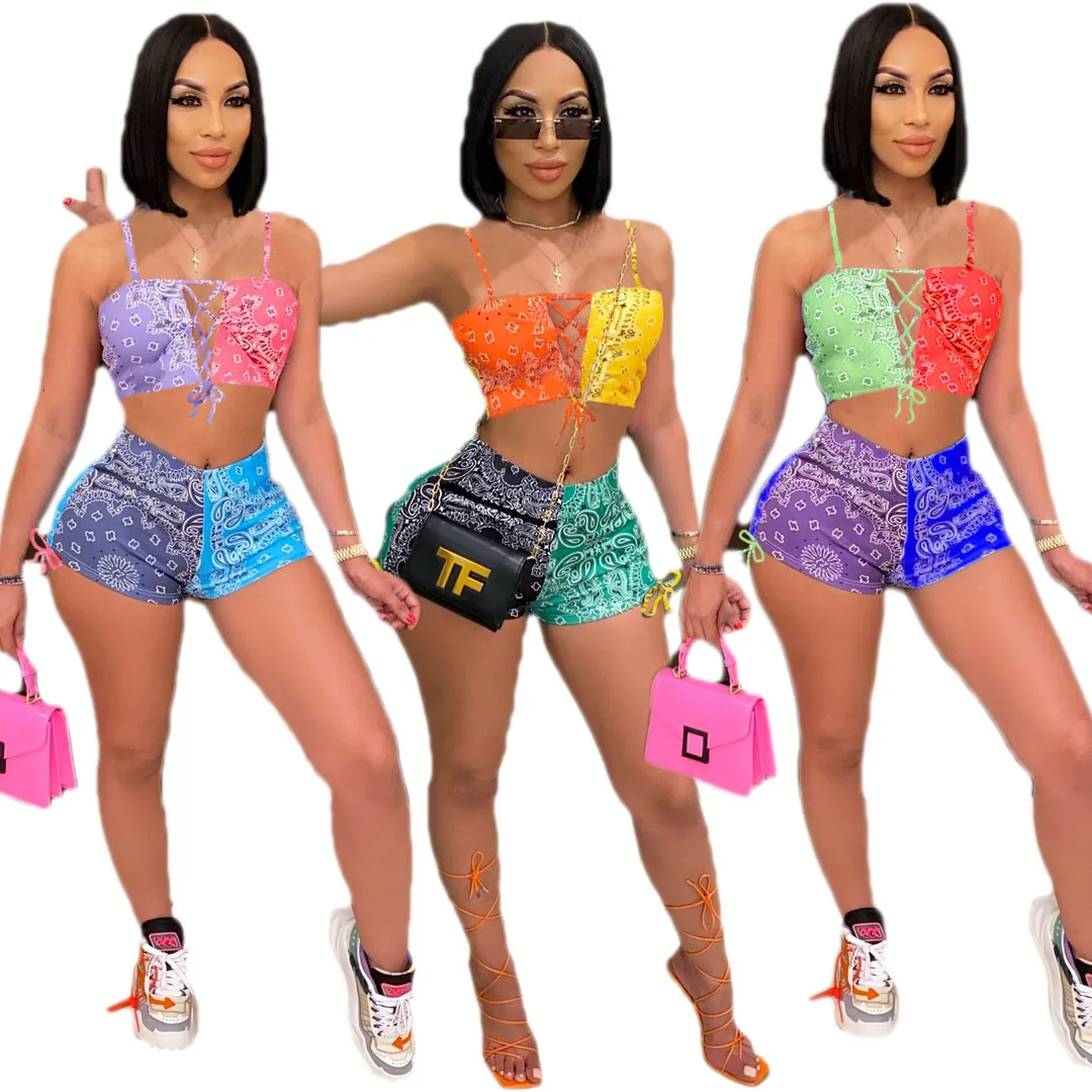 

Summer 2021 Women Bandage Tank Top Short Pants Outfit Bandana Clothing Two 2 Piece Set Shorts, 3 colors