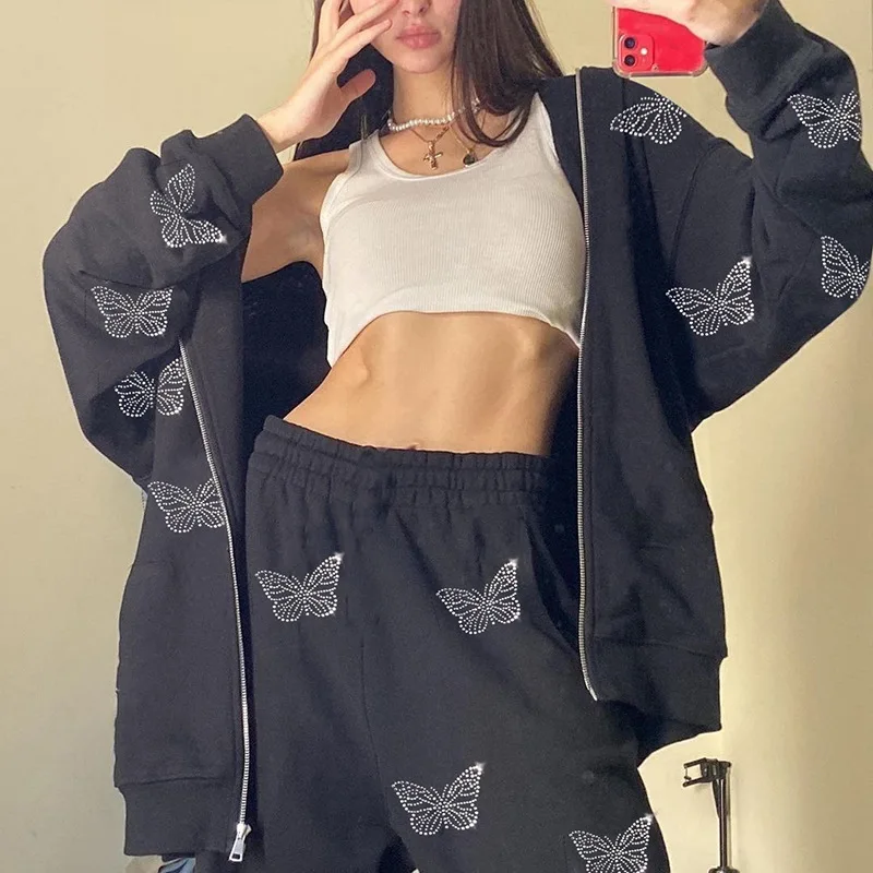 

TIKTOK hot New Arrivals Fall 2021 Hoodie and Jogger Set Women Patchwork Butterfly 2 Piece Set Women Sweat Suits JoggersPants, Pink white black
