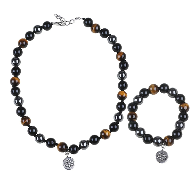 

obsidian tiger eye hematite stone bracelet necklace jewelry set