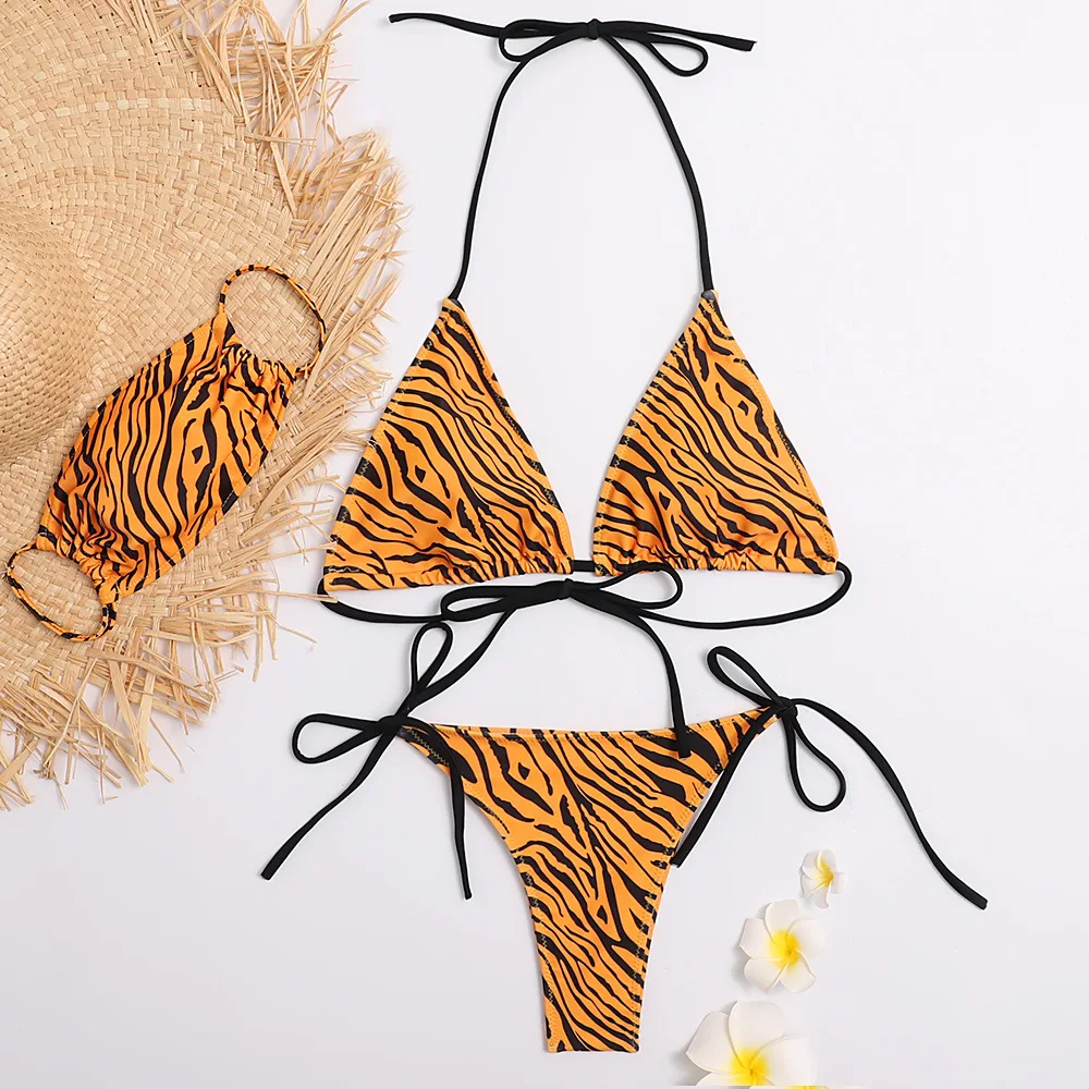

Swimsuits for women 2021 snakeskin printed draw string halter fashion bikini with pad, White/orange/purple/green/yellow/pink
