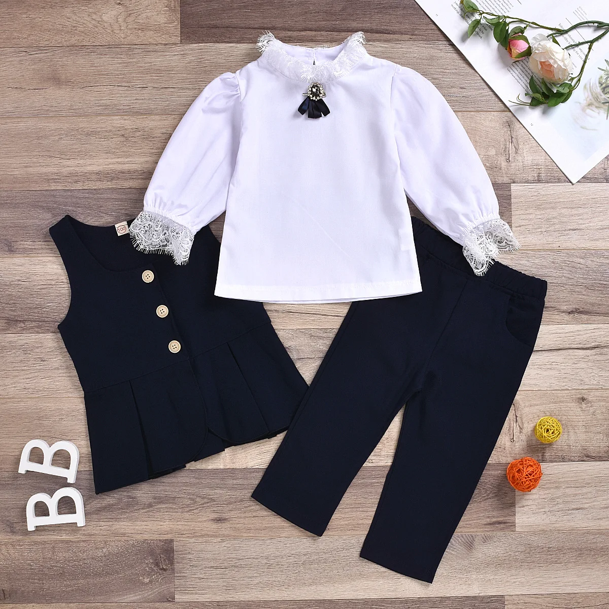 

Ins Girl Long Sleeve White Lace Tops Vest Long Pant 3pcs Sets