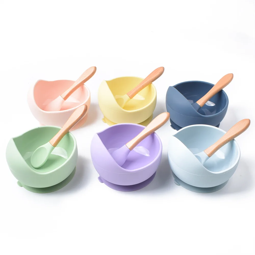 

Eco Friendly Silicone Baby Feeding Bowl Set Baby Silicone Suction Bowl with Spoon, Blue/pink/purple/grey/green/white