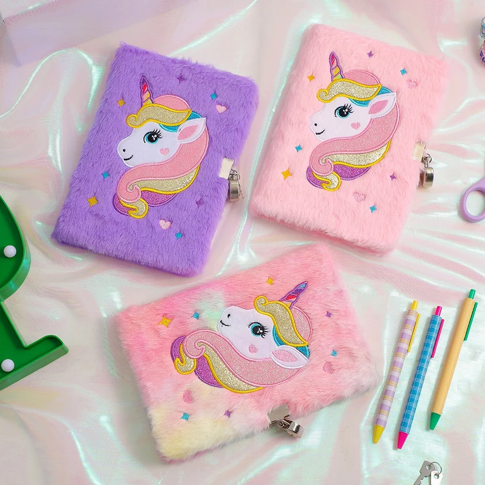 

2023 New school A5 diary cartoon kawaii plush fluffy unicorn notebook with lock