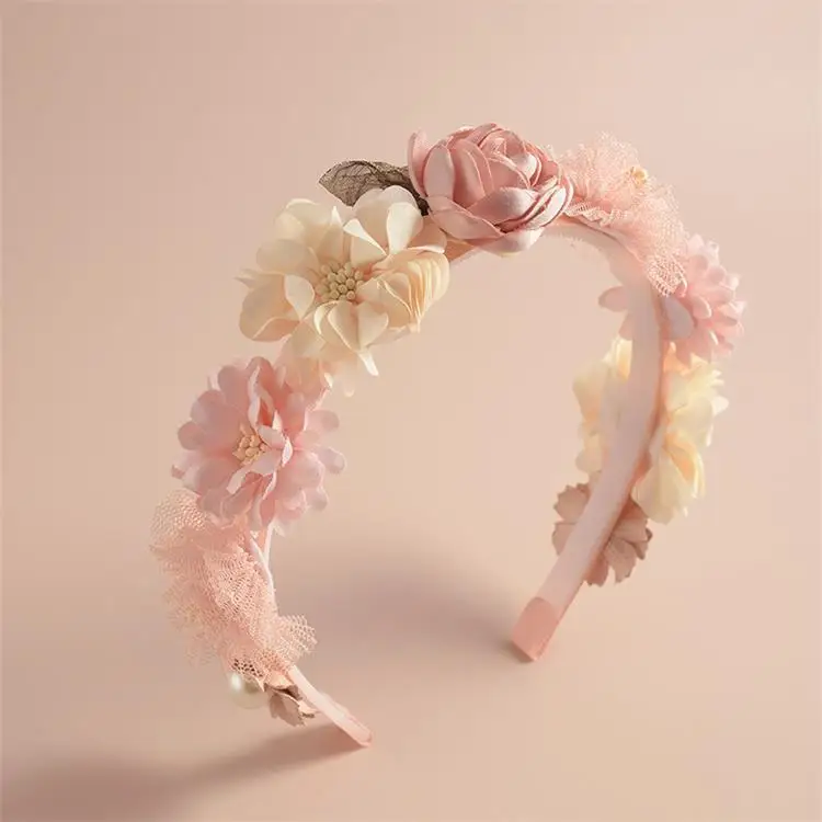 

MIO 2023 New Sweet Princess Girls Custom Headband Pink Flower Headband Kids Flower Hair Accessories Handmade Headdress Hairband