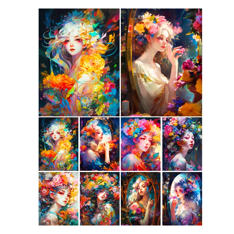 

5d Diy Diamond Painting Girl Colorful Mosaic Cross Stitch Kit Woman Flower Pictures Home Decoration Diamonds Painting Set