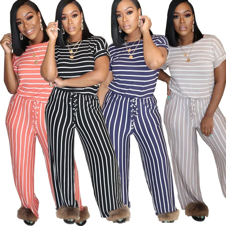 

2020 Hot sell women stripe print lace up two piece set with short sleeve and wide leg