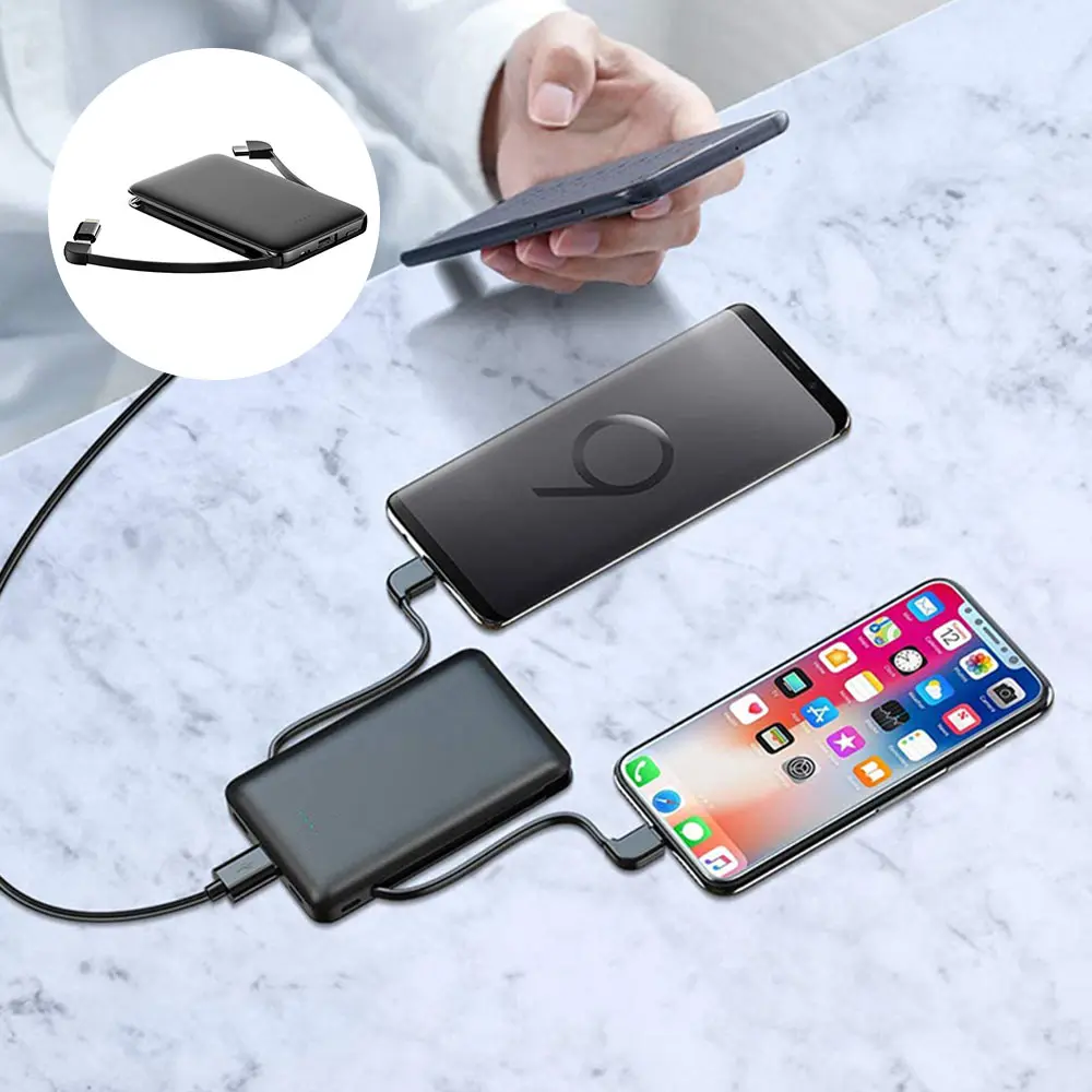 

Custom Logo OEM Powerbank Built-In Micro Usb Type C Cable Slim Mobile Charger Portable 5000mAh Mini Power Bank