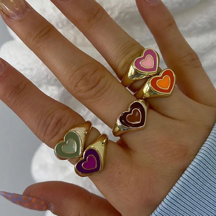 

SC Friendship Stackable Y2K Finger Rings Jewelry Women Statement Gold Plated Signet Chunky Rings Drip Oil Pink Double Heart Ring, Purple, pink, blue, green, orange, coffee