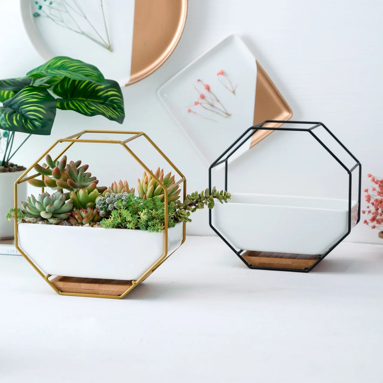 

Factory Wholesale modern home decor geometric ceramic metal bamboo wall hanging vertical planter flower plant pot for wall, Customized color