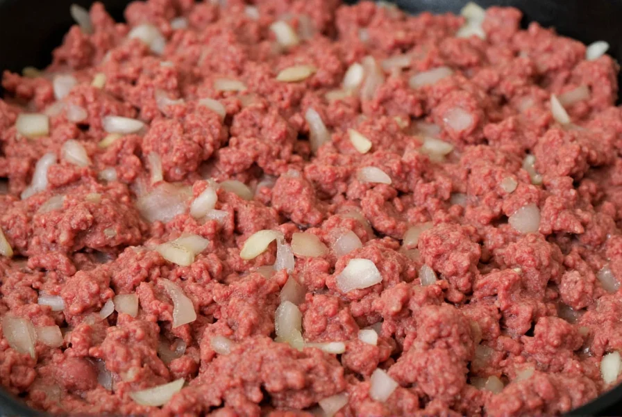 Close-up of ground beef browning in cast iron skillet with diced onions