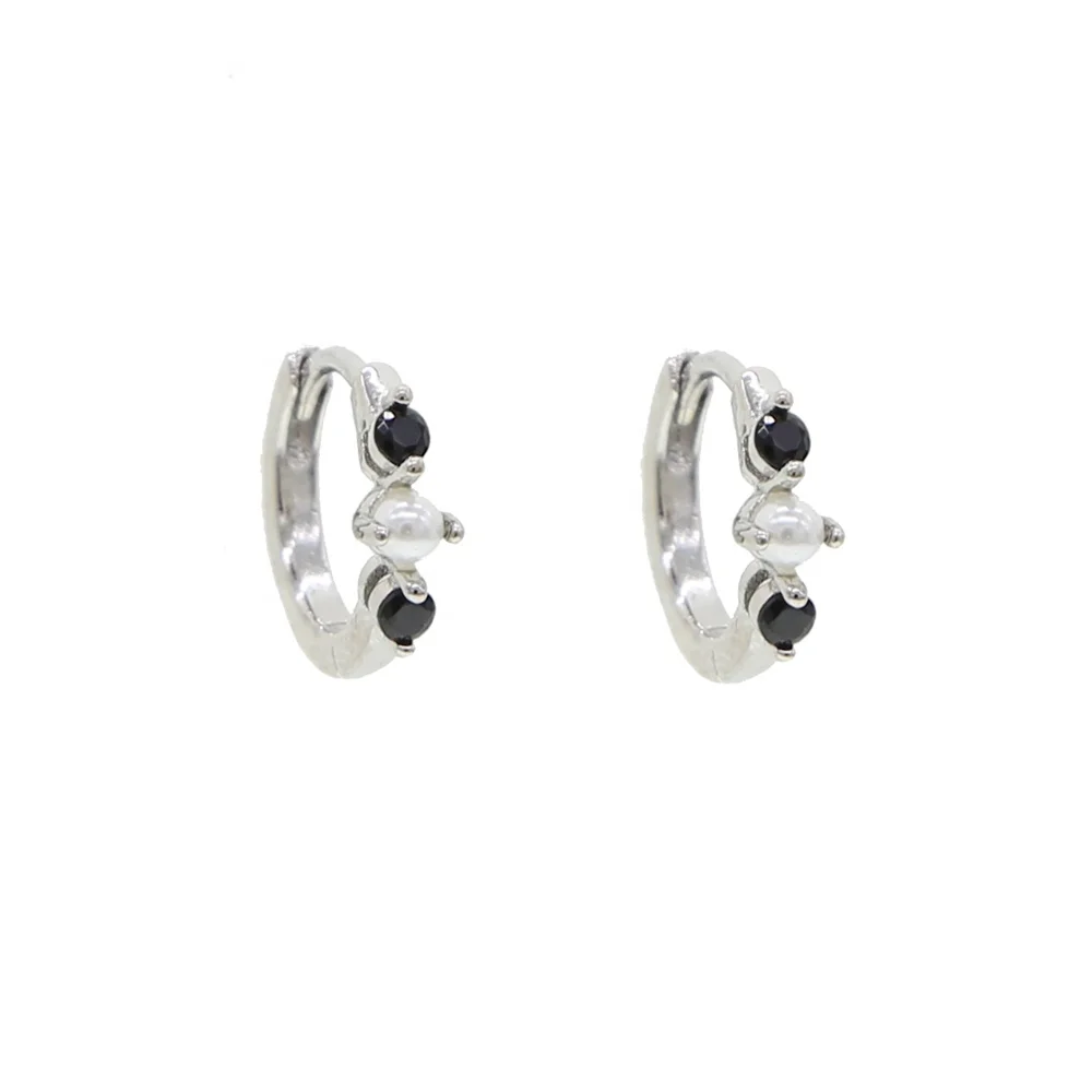 

New Simple 925 Sterling Silver hoop earring with black cubic Zircon pearl Hoop Earrings For Women brincos oorbellen pendientes