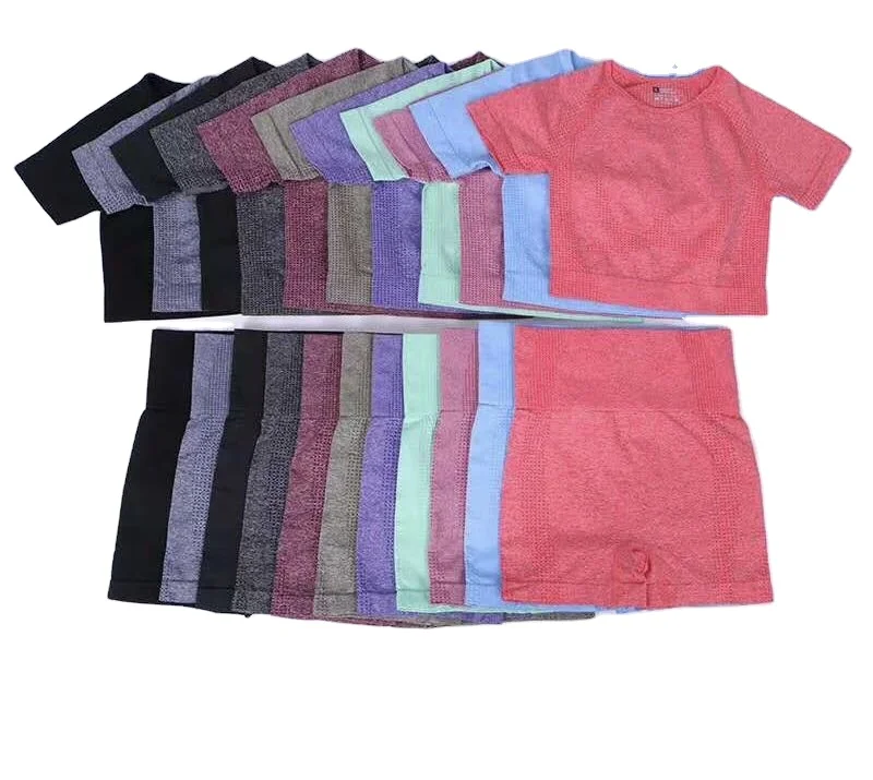 

Women training 2 Piece suit Fitness Short Sleeve Crop Top Shirts Running Shorts Workout Clothes Seamless Yoga Set, Purple gray pink black