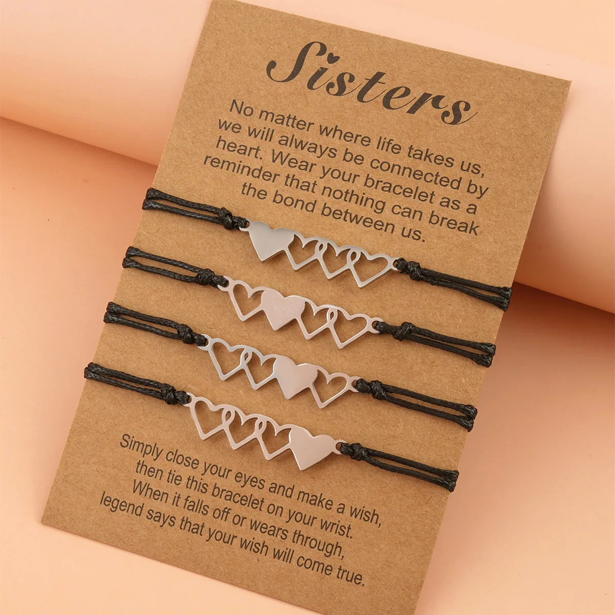 4 PCS/SET Stainless Steel Sisters Best Friend Heart to Heart Charm String Bracelets Women Friendship Macrame Bracelet