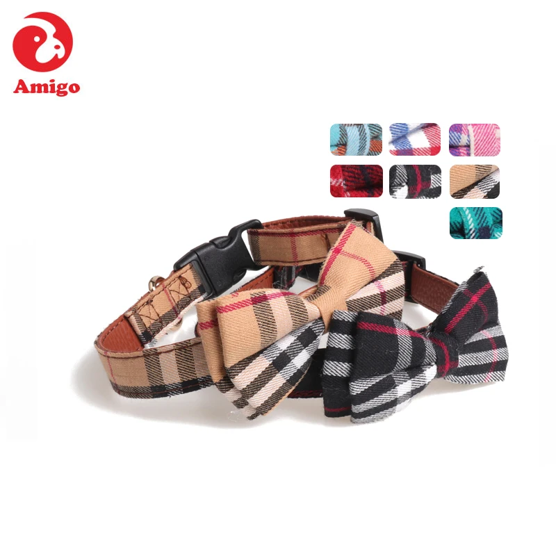 

Amigo wholesale personalized customize plaid various colors tweed bow tie dog collar for small medium large dog, Green/pink/blue/brown/black/red/white