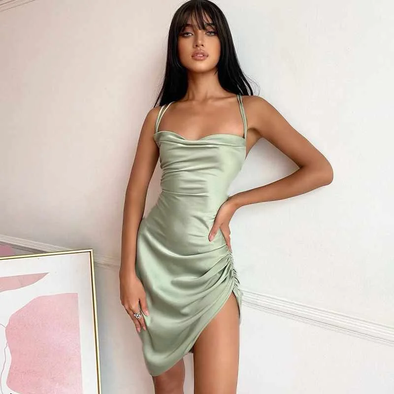 

Prom evening dress satin sexy sling irregular folds hollow back strap dress women