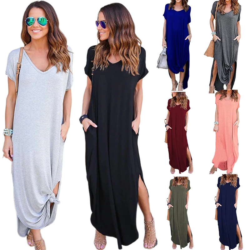 

Women Casual Loose Pocket Long Dress Vintage V-neck Summer Short Sleeve Cotton Dresses Solid Femme T Shirt Maxi Dress