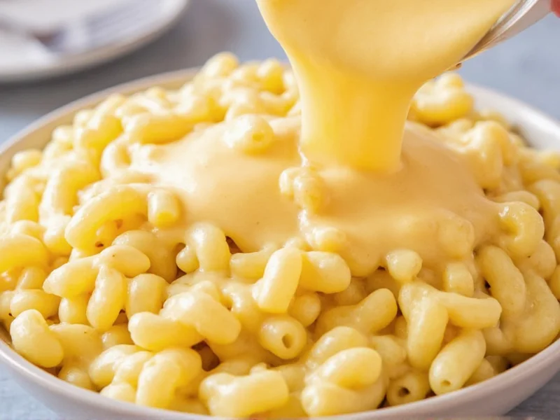Creamy homemade cheese sauce poured over macaroni