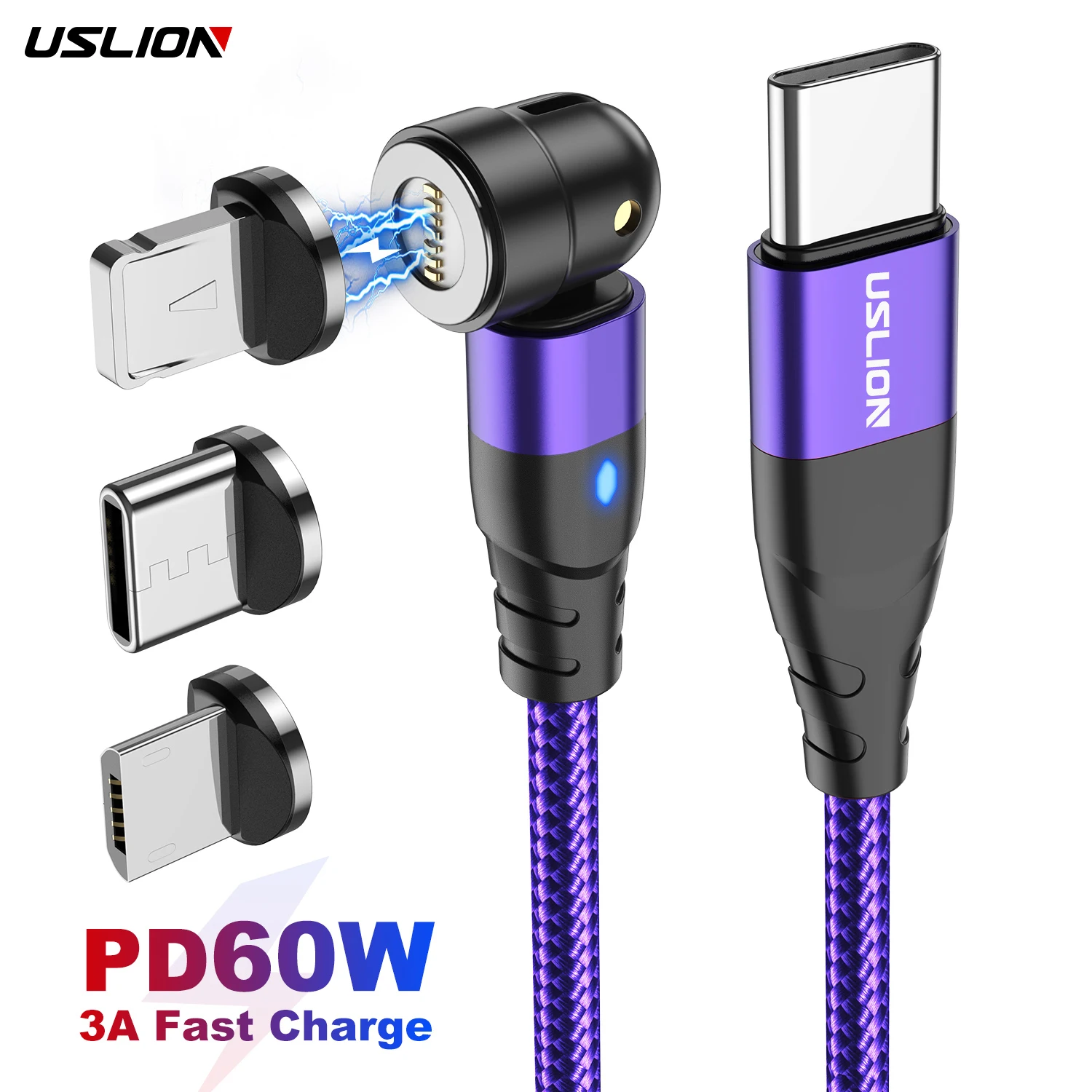 

USLION 3 IN 1 2M PD60W Magnetic USB Cable Type C Cable Fast Charging Micro USB Data Cable for Redmi Note 11 10 9 8 Pro K50 VIVO, "black red purple"