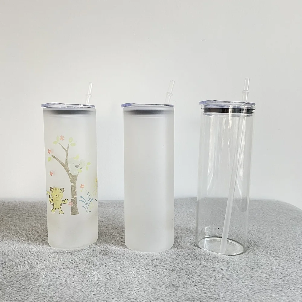 

US warehouse 25oz slide lid blank sublimation clear frosted Slim Skinny glass tumbler for Dye Sublimation Heat Press