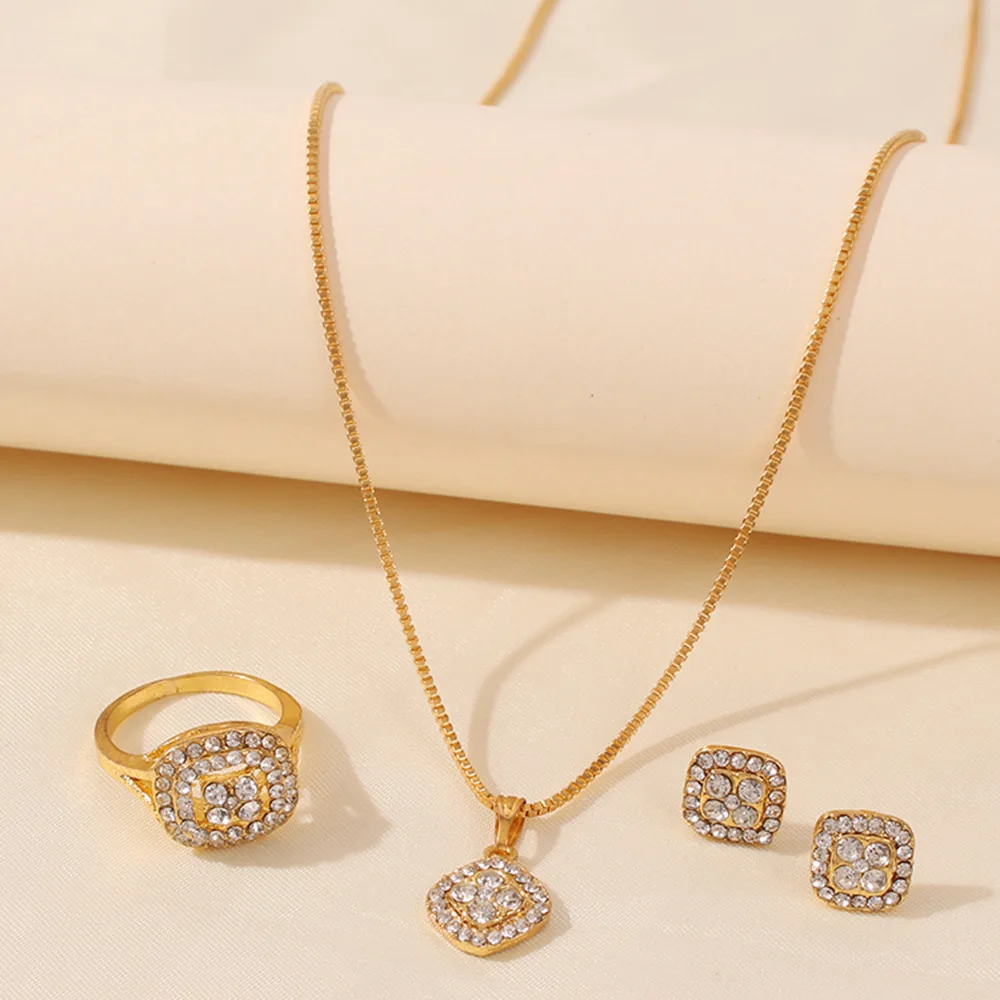 

Top Quality Fashion Wedding Necklace Jewelry Set Cuban Diamond Ring+Stud Earring Jewelry Sets Women