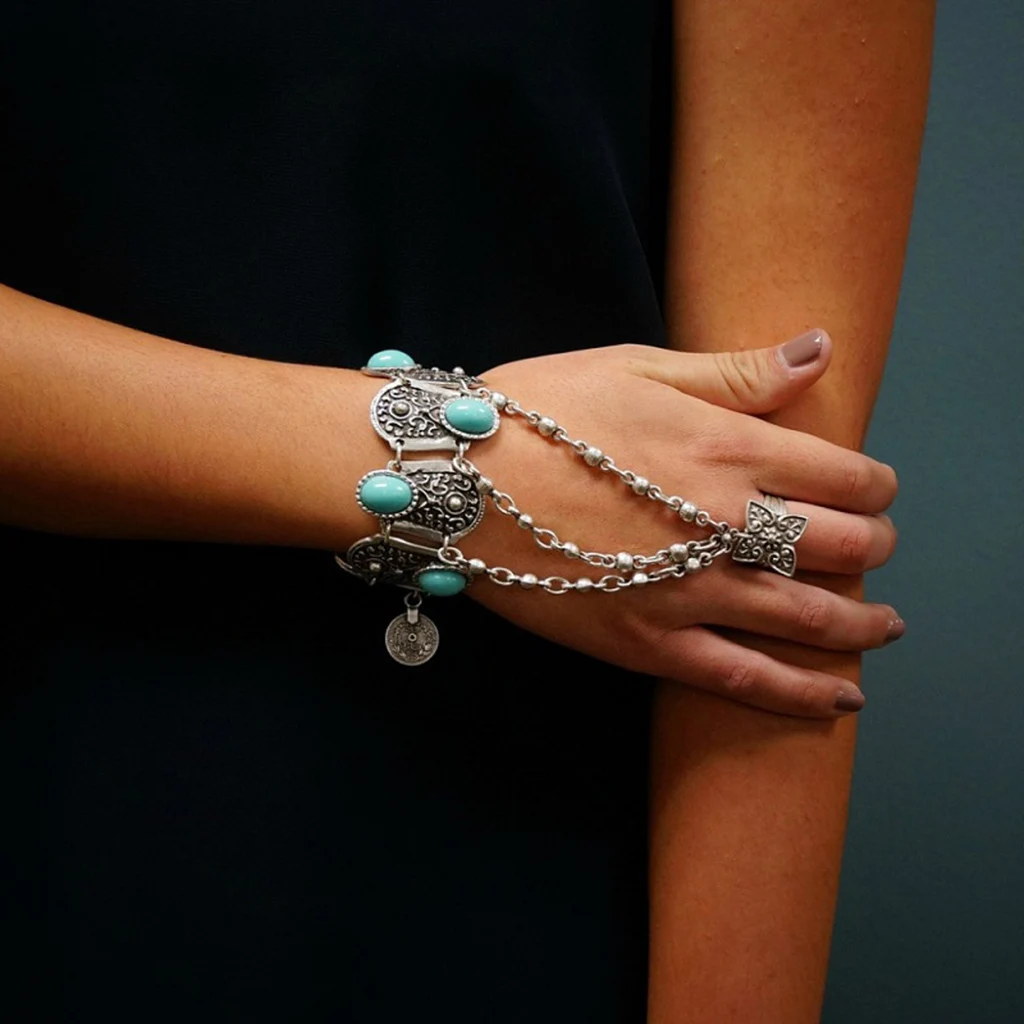 

Bohemian Coin Charm Slave Bracelets For Women Floral Blue Gem Beads Bracelet Gypsy Ethnic Tribal Festival Jewelry Turkish, Silver