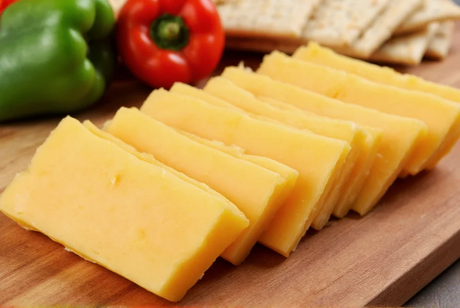 Pepper jack cheese slices arranged neatly on a wooden board with fresh peppers and crackers for context