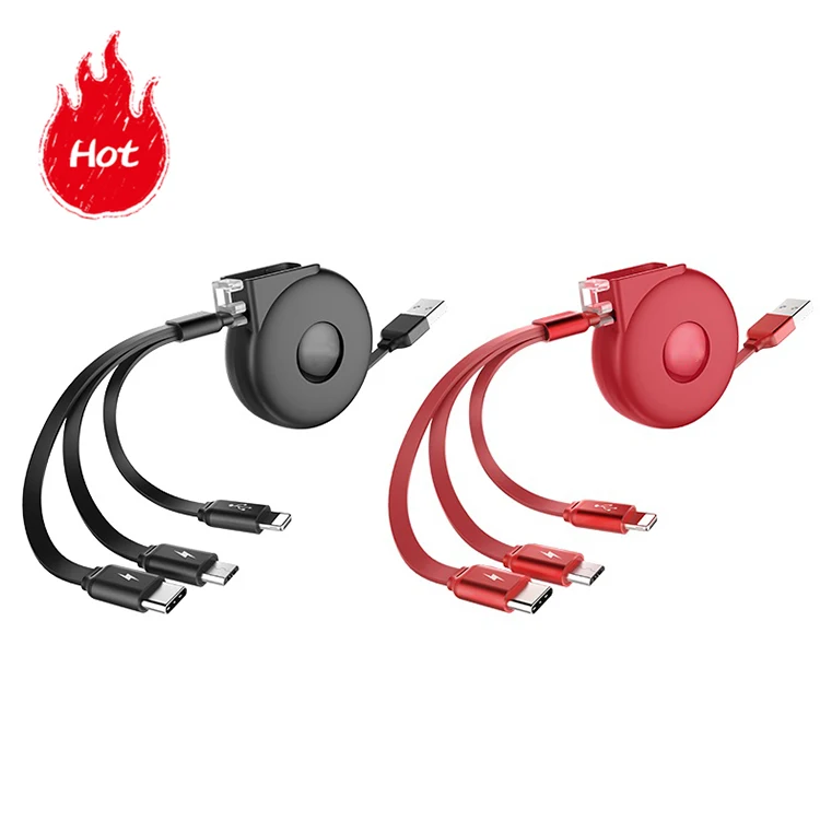 

Amazon hot sale 3.1A 3 in 1 retractable data usb charger cable with type c micro mobile phones, Red/black/white