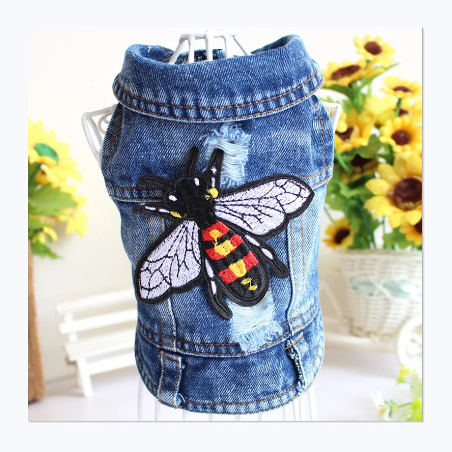 

Embroidery bees torn scratch print personality pet clothing dog denim coat, Same as pictures